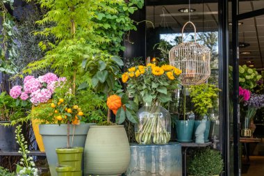 HILVERSUM, NETHERLANDS - 3 Mayıs 2023: Hollanda 'nın başkenti Hilversum' da çiçekli vazoların, buketlerin ve saksıların sergilenmesi