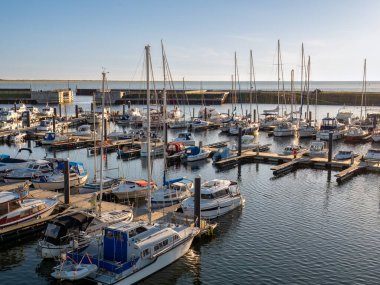 Esbjerg, Denmark - Sep 5, 2023: Boats in marina of Esbjerg Strand in city of Esbjerg at North Sea coast of Jutland clipart