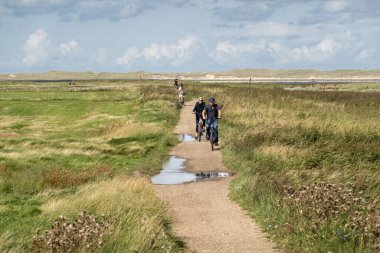 Amrum, Almanya - 26 Ağustos 2023: Amrum adasının tuzlu bataklıklarında bisiklet yolunda bisiklet süren insanlar, Kuzey Frizya, Schleswig-Holstein