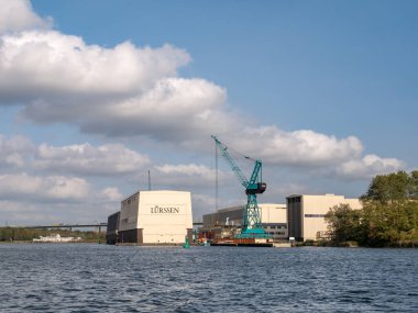 Rendsburg, Germany - Sep 28, 2023: Dry dock of shipyard Luerssen along Kiel Canal, Schleswig-Holstein clipart