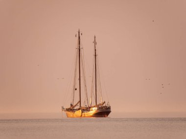 Hollanda 'da bir yaz akşamının altın saatinde Wadden Denizi' nde iki direkli yelkenli gemi.