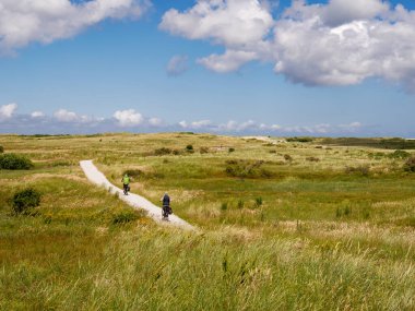 Ameland, Hollanda - 28 Haziran 2024: Batı Frizya adası Ameland, Friesland 'da bisiklet yolu üzerinde bisiklet süren insanlar