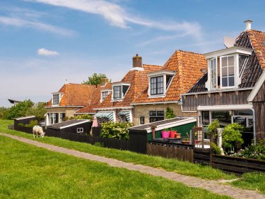 Makkum, Hollanda - 16 Mayıs 2024: Dike ve Friesland 'daki tarihi evlerin arka bahçeleri