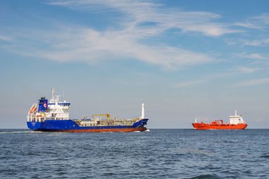 North Sea, Germany - Jul 15, 2024: Chemical oil tankers Coolwater and Stenberg passing each other on Elbe Approach TSS in German Bight clipart