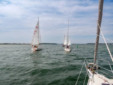Schlei Fjord, Almanya - 21 Temmuz 2024: Baltık Denizi 'nden Schleswig-Holstein eyâletinde Kappeln' e kadar Schlei fiyortunda yelkenli süren insanlar