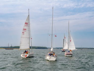 Schlei, Germany - Jul 21, 2024: People in sailboats sailing on Schlei fjord from Baltic Sea to Kappeln, Schleswig-Holstein clipart