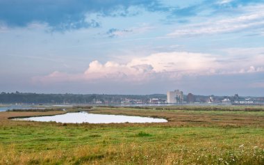Heiligenhafen 'ın doğadan panoramik görüntüsü Graswarder' ı tuzlu bataklıklarla ve Almanya 'nın kuzeyinde Schleswig-Holstein eyâletinde göletle koruyor.