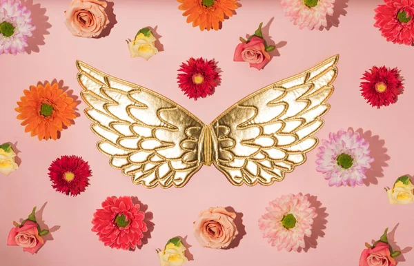 Angel Wings Lots Flowers Pink Background Minimal Spring Concept Stock Snímky