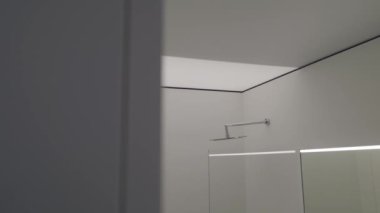 Evde ahşap dolaplı bir banyo, ahşap döşeme, dikdörtgen ayna, cam duş kapısı ve tavan sapı olan bir banyo.