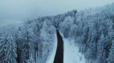 Cinematic and epic shot of beautiful winding mountain road in winter snow covered landscape. Winter season scenery on cloudy cold day. Car drive on small empty road in snowy forest