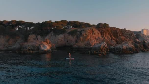 Cinematic Aerial Drone Shot Man Paddle Board Coast Early Morning — Vídeos de Stock