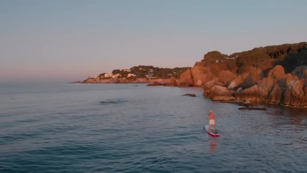 Cinematic Aerial Drone Shot Man Stand Paddle Board Training Sea — Video