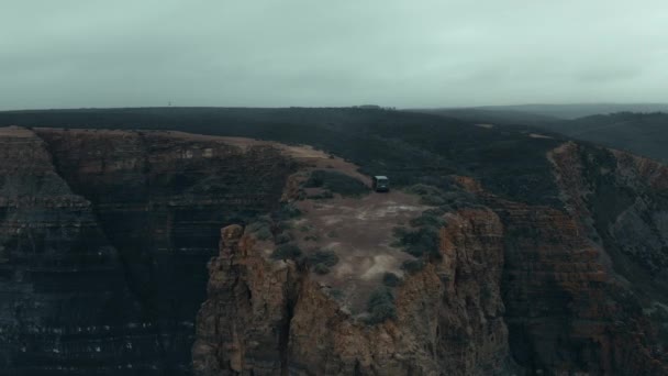 Epic Drone Shot Camera Follows 4X4 Overlanding Camper Van Drive — Wideo stockowe