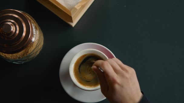 Person Stir Sugar Americano Espresso Small Spoon Top View Coffee — Vídeo de Stock