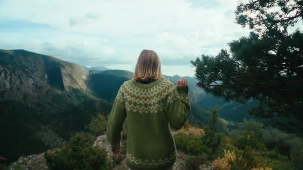 Cinematic Woman Traditional Sweater Hike Mountain Breathtaking View Forest Valley — 비디오
