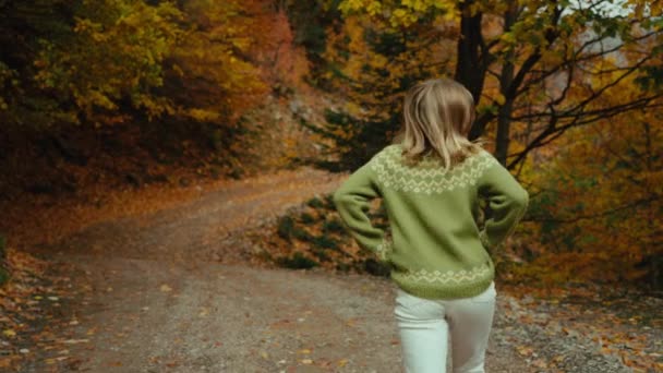Young Woman Traditional Sweater Fall Forest Girl Turn Smile Laugh — 비디오