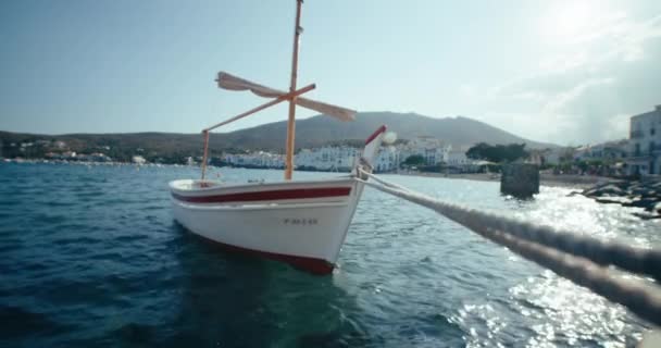 Traditional Spanish Sailboat Anchored Marina Sways Slowly Water Fishing Boat — Video Stock