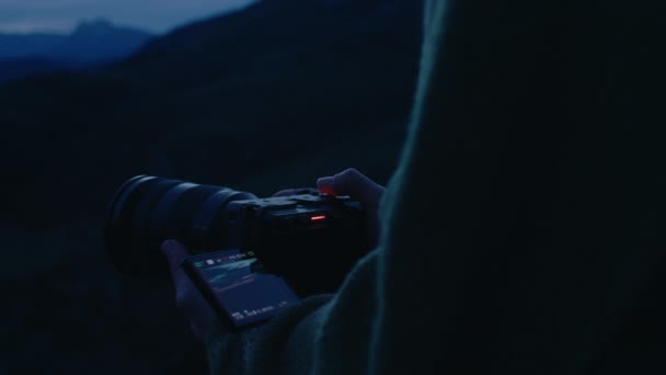 Female Hiker Filming Mountain Landscape Cinematic Sunset World Explorer Travel — Vídeo de Stock