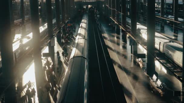 现代城市火车站站台的客运量 繁忙的到达和离开时间 从上面看高速列车 运输概念 2023年1月 马德里 — 图库视频影像