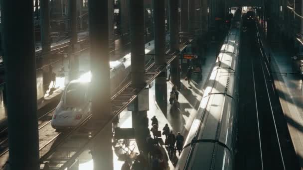 Cinematic Perspective View Famous Atocha Railway Station Sunny Morning Busy — Stockvideo