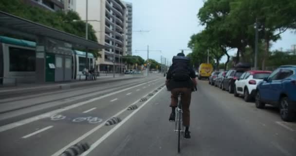 Follow Shot Young Man Ride Bike City Bike Lane Urban — Stock Video