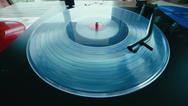Fish Eye View Blue Transparent Vinyl Record Spinning Retro Music — 图库视频影像