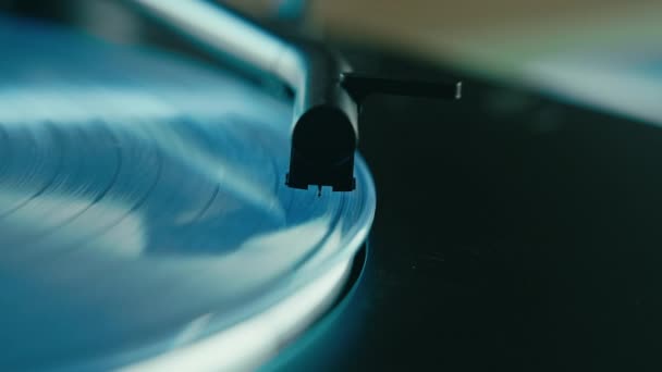 Vintage Vinyl Record Player Spins Colorful Blue Disc While Turntable — Stock Video