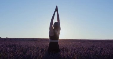 Provence 'deki pembe ve mor lavanta tarlalarında gün doğumunda bir kadın rüya gibi spor kıyafetleriyle yoga asanas yapar. İlham verici meditasyon pratiği. El kamerasıyla. Lens üzerinde güneş parlıyor.. 