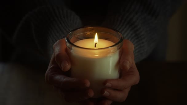 Female Hands Candle Flame Flickers Creating Peaceful Ambiance Spiritual Holy — Stock Video