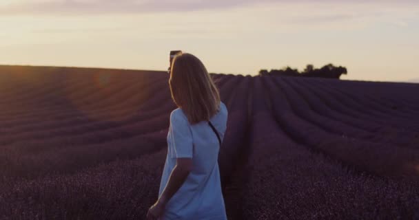 Vorbilder Oder Blogger Machen Selfies Telefon Lavendelfeldern Bei Sonnenaufgang Oder — Stockvideo