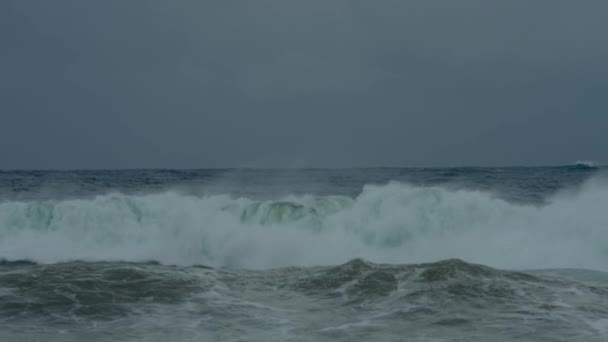 海岸線の海岸線で巨大な波が砕ける グレーと曇りの日に風と雨 大西洋や太平洋でハリケーンや熱帯性嵐と冬の季節 — ストック動画