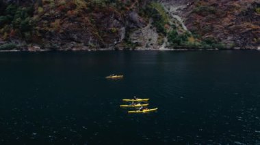 Bir grup turist destansı Norveç fiyortlarında kürek çekiyor. Vahşi doğada aktif yaşam tarzı macerası. Okyanus suyu kanoları için tek profesyonel kullanım.