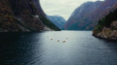 Norveç fiyortlarında çift kano üzerinde turist grubu aktivitelerinin insansız hava aracı görüntüsü. Kiralık kanolarda tur rehberliği ya da muhteşem manzaralarda kano turu. Norveç 'te Kanolar