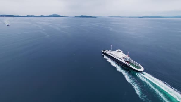 Drone Shot Van Passagiers Voertuig Veerboot Cross Fjord Verplaatsen Tussen — Stockvideo