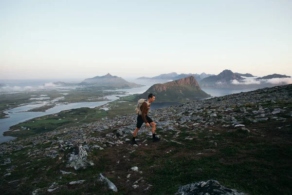 Healthy Fit Man Lightweight Backpack Hike Tall Mountain Lofoten Archipelago — Stock Photo, Image