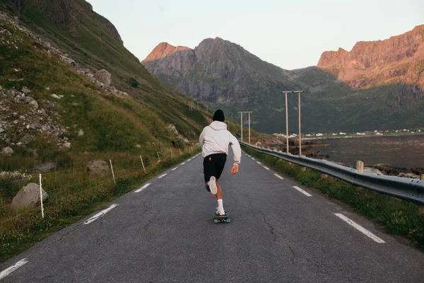 Millennial Hipster Man Push Gain Speed Skateboard Man Longboard Ride — Stock Photo, Image