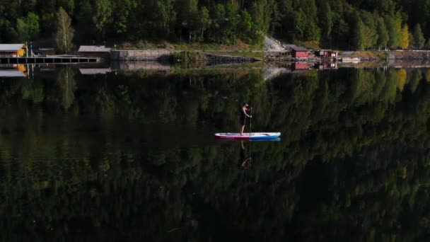 Боковой Аэроснимок Женщины Плавает Гребной Доске Зеркале Вода Горном Озере — стоковое видео