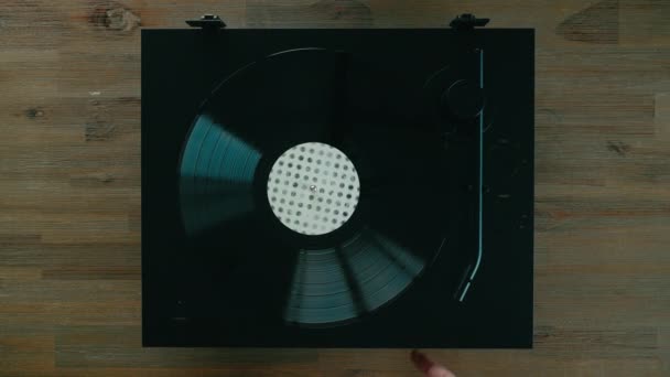 Male Hands Turn Classic Vinyl Record Player Put Black Glossy — Stock Video