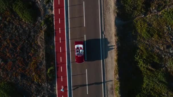 Aerial Top Drone Shot Vintage Old American Muscle Convertible Red — Stock Video
