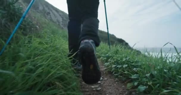 金宝稳定拍摄的人的脚在徒步防水靴鞋带走在偏僻的山路上 在史诗般的风景中远足 绿色的石路 探索冒险生活方式 在大自然中背包旅行 — 图库视频影像
