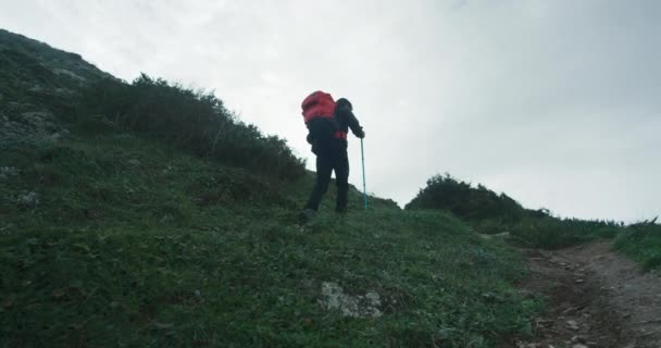 Bajo Ángulo Estabilizado Tiro Del Hombre Caminata Por Sendero Montaña — Vídeo de stock