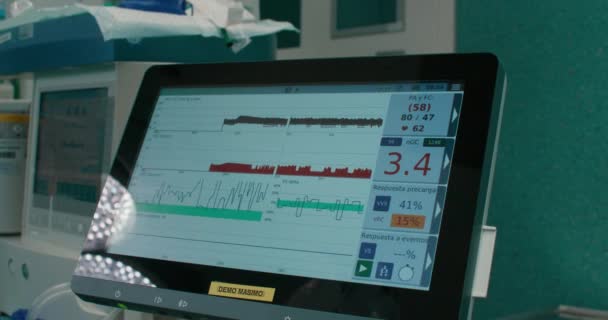 Nahaufnahme Auf Dem Modernen Patientenmonitor Zeigt Rhythmus Spo2 Blutdruck Temperatur — Stockvideo