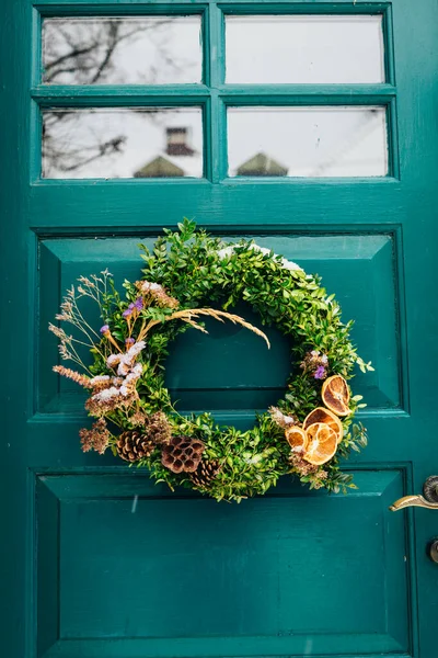 Beautiful Entrance Scandinavian Style House Wooden Door Christmas Wreath Homemade Stock Picture