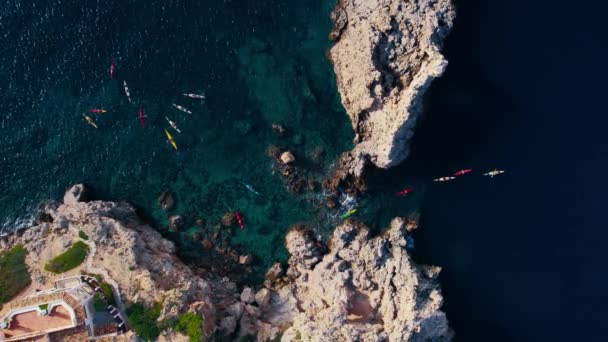 スペインのマヨルカの海岸を探索するカヤックグループツアーの航空ショット サンゴ礁とターコイズクリアブルーウォーターの上にパドルカヤックのドローンビュー 休暇中の家族のための楽しいスポーツ活動 — ストック動画