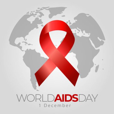 Kırmızı kurdelenin kare biçiminde vektörü, dünya haritasındaki Dünya Yardım Günü 'nün sembolü. 1 Aralık Hiv Günü