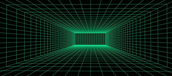 3D线框绿色房间 摘要透视网格 复古的未来主义概念 矢量说明 — 图库矢量图片
