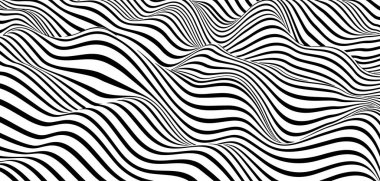 Soyut optik illüzyon dalgası. Dalgalı bir çarpıtma etkisi yaratan siyah ve beyaz çizgilerin akışı. Vektör İllüstrasyonu.