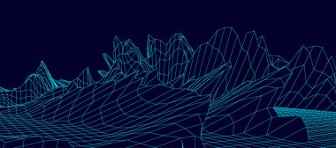 Dijital kablo çerçevesi. Tel çerçeve çokgen arazi tasarımı. Dağlarda vadileri olan dijital siber uzay. Vektör illüstrasyonu.