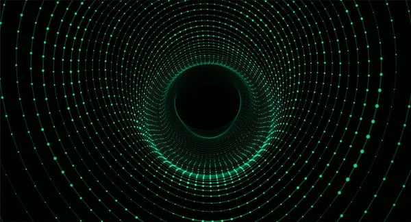 Αφηρημένη Δυναμική Σήραγγα Wireframe Πράσινο Φόντο Σκουληκότρυπα Μελλοντική Ροή Σωματιδίων — Διανυσματικό Αρχείο