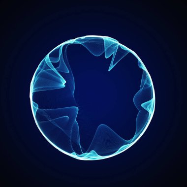 Müzik için küresel dengeleyici. Parçacıkların yuvarlak ses dalgası. Müzikal soyut mavi arka plan. 3B görüntüleme.